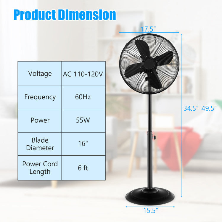 16 Inch Pedestal Standing Fan Oscillating Pedestal Fan with 3 Speeds and Adjustable Height