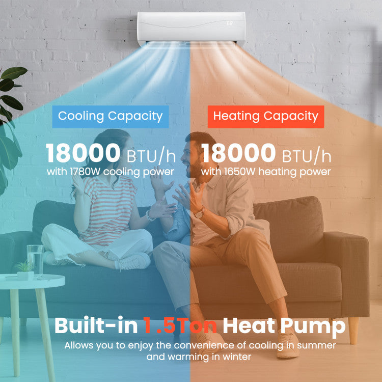 18000 BTU 19 SEER2 208-230V Ductless Mini Split Air Conditioner and Heater