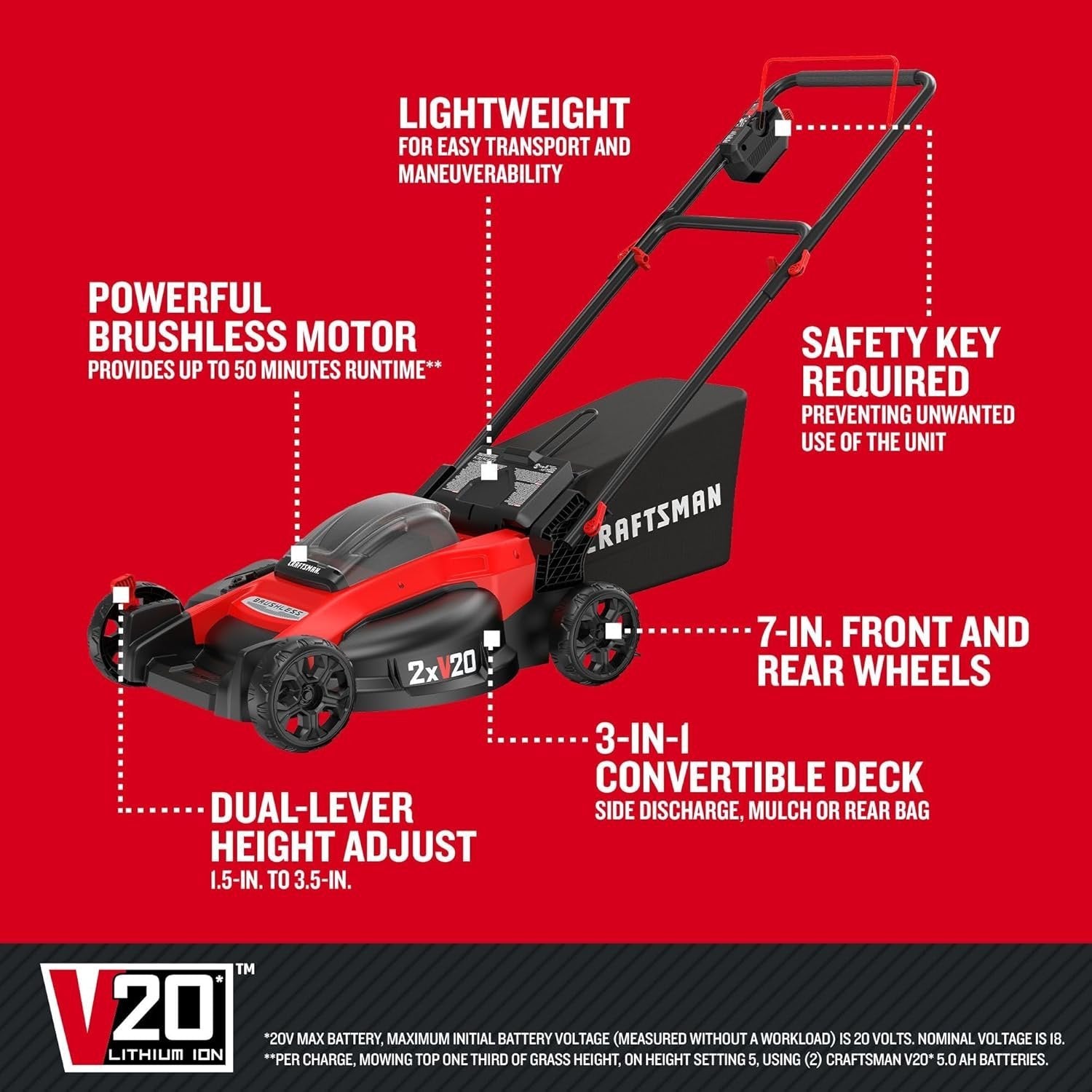 CRAFTSMAN V20 Cordless Push Lawn Mower – 20-Inch Deck