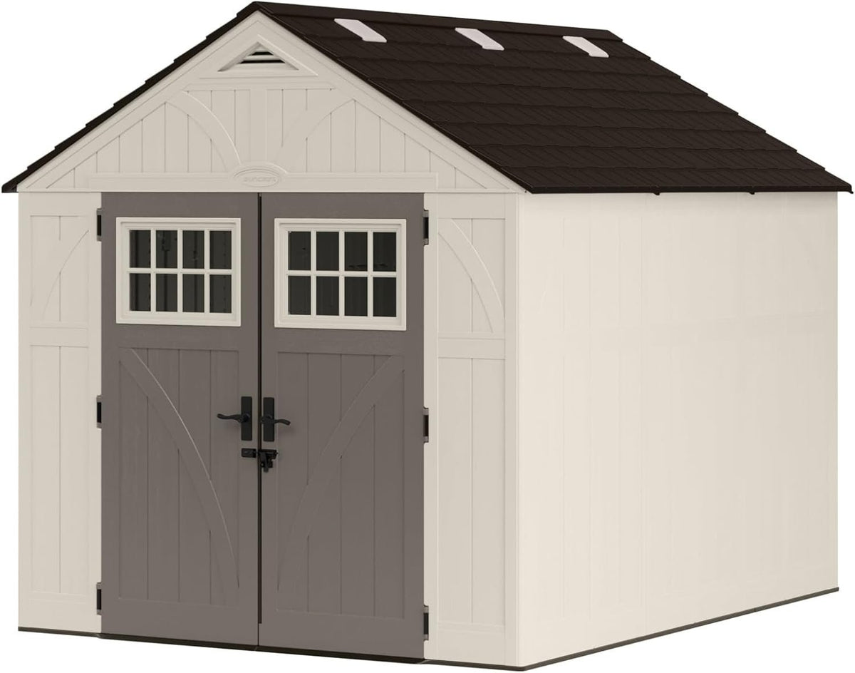Pillowle Suncast BMS8100 8x10 Tremont outdoor storage shed with double doors and shingle-style roof in a backyard setting