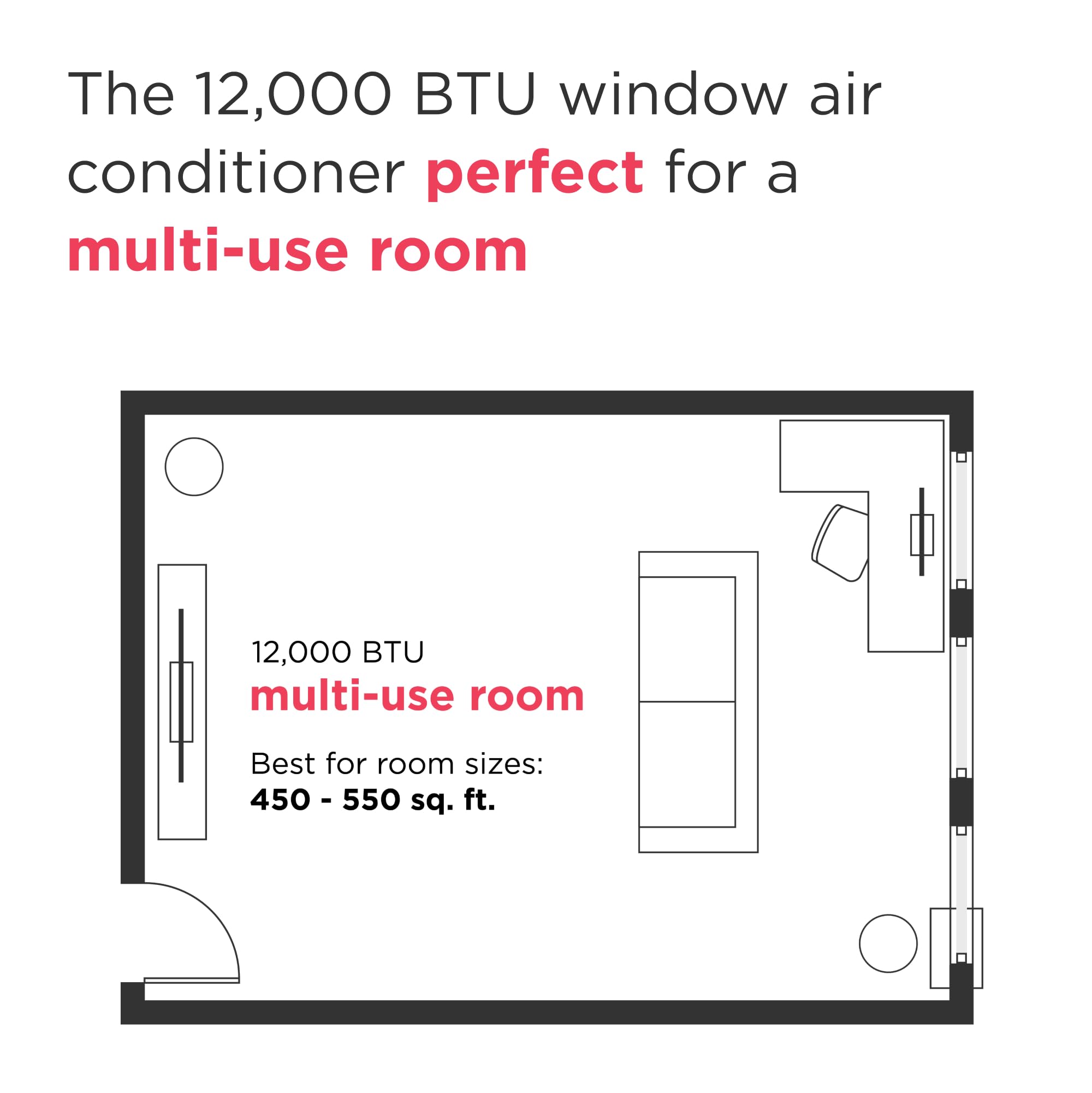 12,000 BTU Window Air Conditioner with Remote Control, Cools Up to 550 Sq. Ft., Quiet Operation, Eco Mode