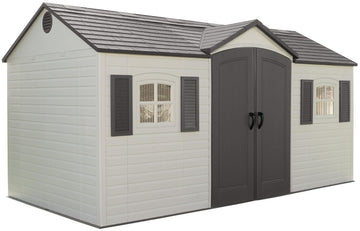 Pillowle Lifetime 6446 outdoor storage shed in desert sand, 8 x 15 feet, with double doors and sloped roof.