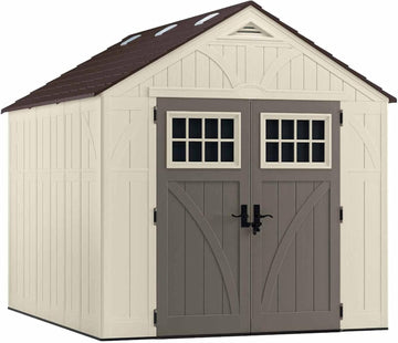 Pillowle Suncast Tremont outdoor storage shed, 8x10 feet, with double doors and shingle-style roof, ideal for garden storage.
