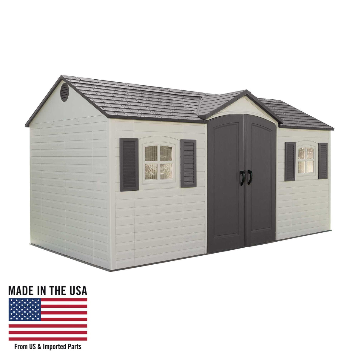 Pillowle Lifetime 6446 outdoor storage shed in desert sand, 8x15 feet with double doors and sturdy metal construction.