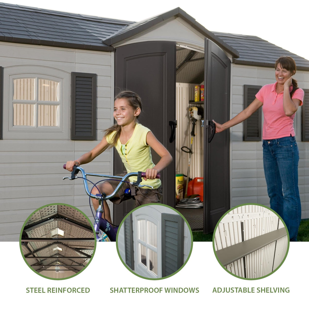 Pillowle Lifetime 6446 outdoor storage shed in desert sand, 8x15 feet with double doors and durable metal construction.