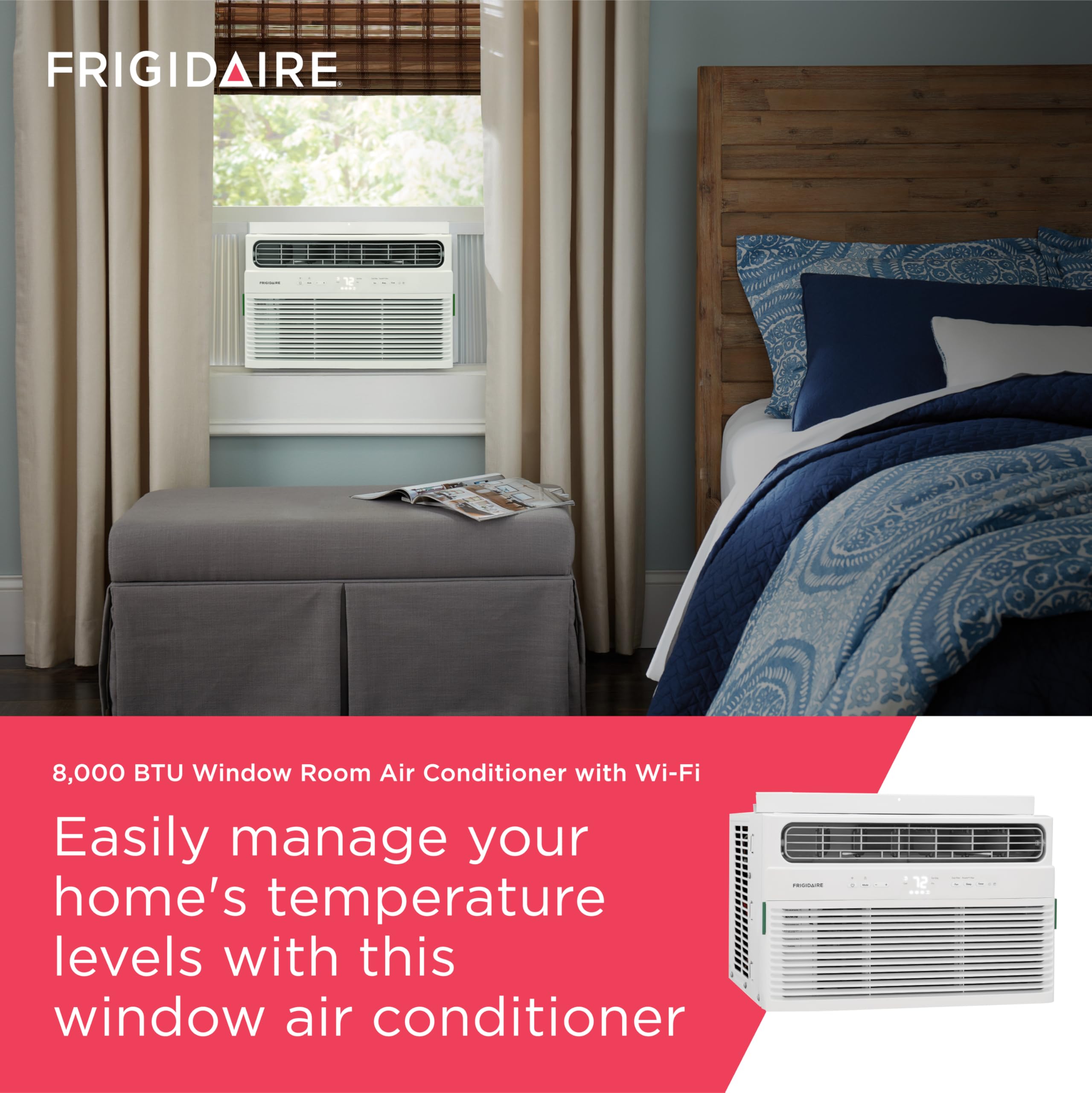 8,000 BTU Smart Window Air Conditioner with Wi-Fi, Cools Up to 350 Sq. Ft., Remote Control, Quiet Operation