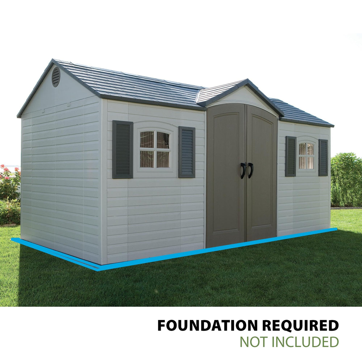 Pillowle Lifetime 6446 outdoor storage shed in desert sand, 8x15 feet with a sturdy metal roof and double doors for storage.