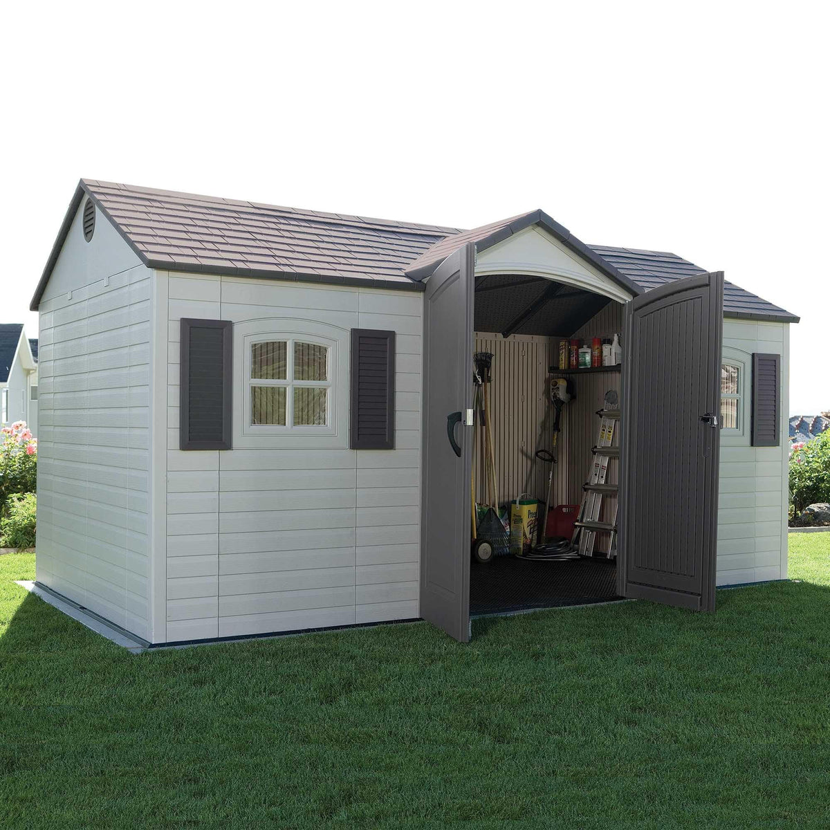 Pillowle Lifetime 6446 outdoor storage shed in desert sand, 8x15 feet, with double doors and sloped roof for spacious storage.