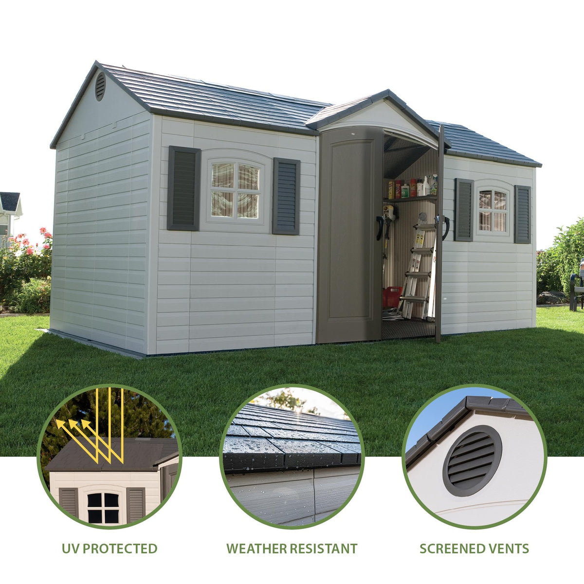 Pillowle Lifetime 6446 outdoor storage shed in desert sand, 8x15 feet with double doors and secure window panels.