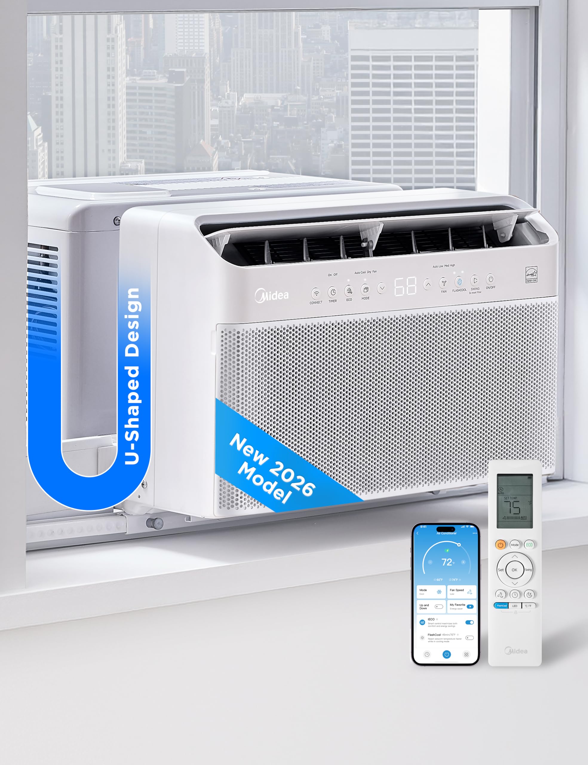Midea 8,000 BTU U Shaped Window Air Conditioner, Cools up to 350 Sq Ft
