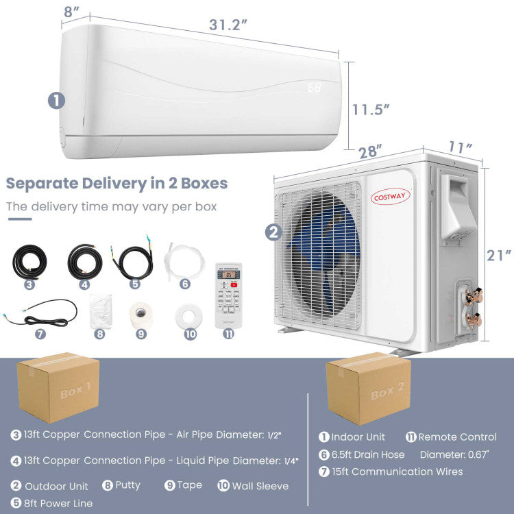 9000 BTU 17 SEER2 208-230V Ductless Mini Split Air Conditioner and Heater
