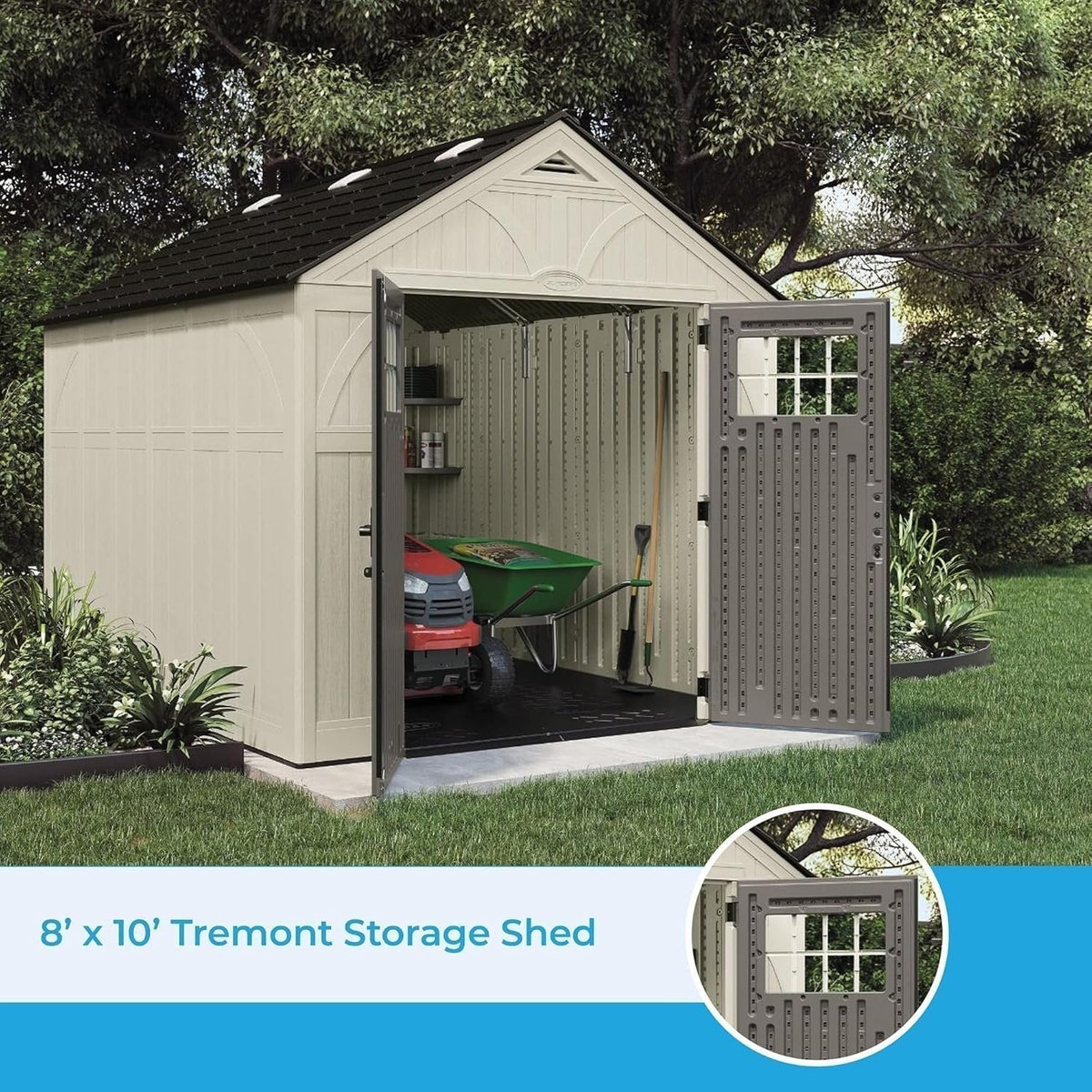 Outdoor Pillowle Suncast BMS8100 8x10 Tremont Storage Shed with double doors and shingled roof in a backyard setting