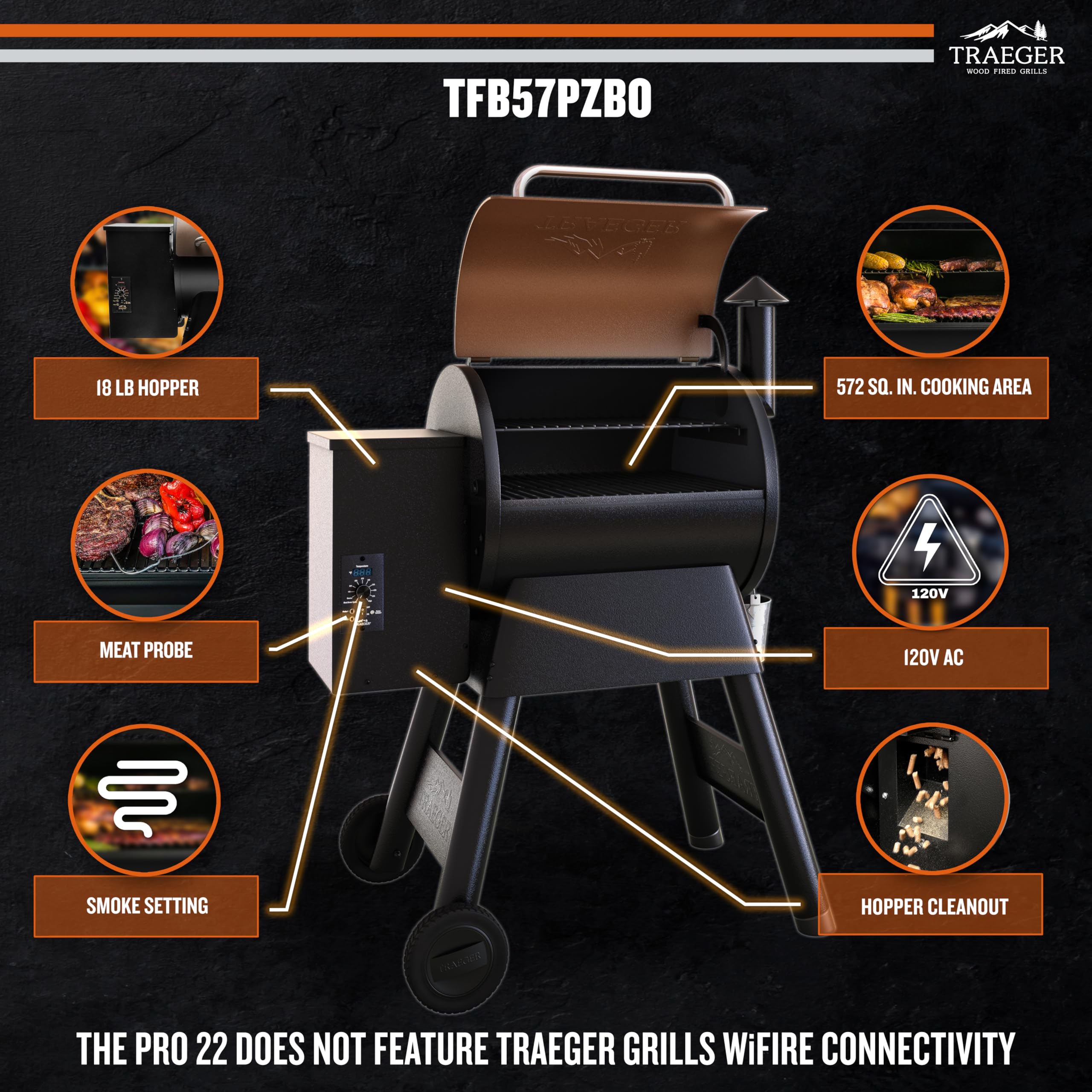 Traeger Pro 22 Wood Pellet Grill & Smoker, 572 Sq In, WiFi