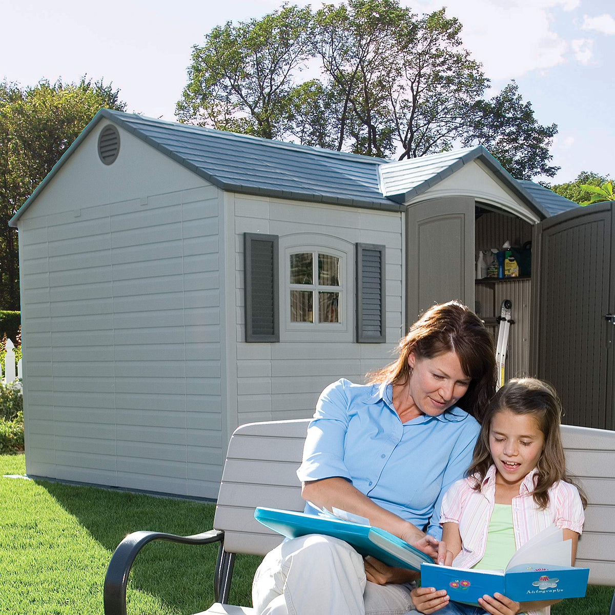 Lifetime 6446 outdoor storage shed in desert sand, 8x15 feet, with double doors and sturdy metal construction.