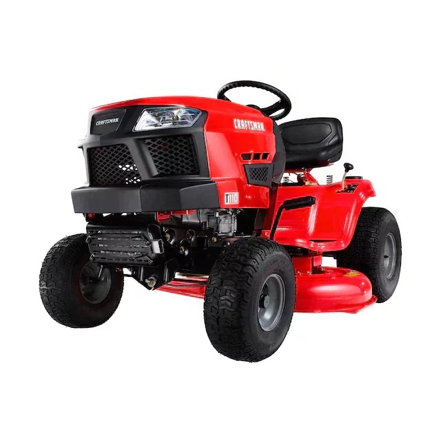 Craftsman T110 riding lawn mower with a 42-inch cutting deck, black and red color, displayed on a grassy lawn.