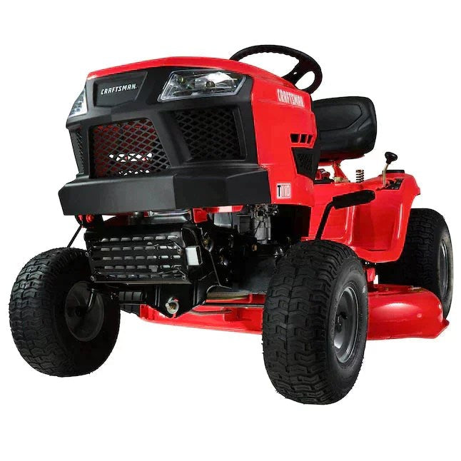 Craftsman T110 riding lawn mower with 42-inch cutting deck, shown on a lawn, featuring a comfortable seat and control panel.