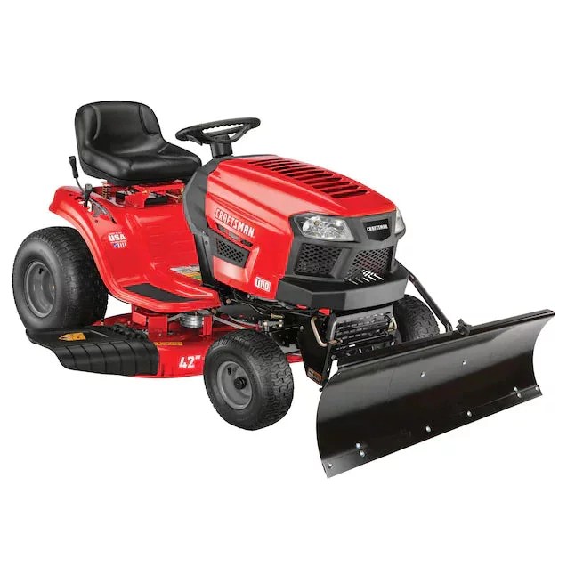Craftsman T110 riding lawn mower with 42-inch deck, featuring a black and green exterior and large rear wheels on a lawn.