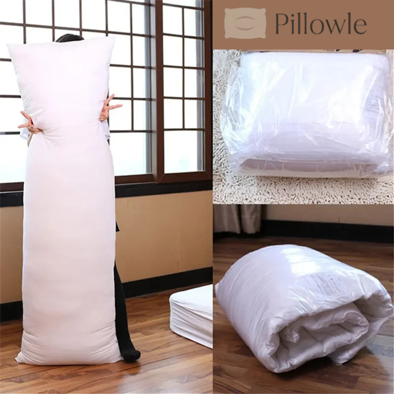 Long body pillow insert 150x50cm with 100% cotton filling – white hugging cushion core for side sleepers