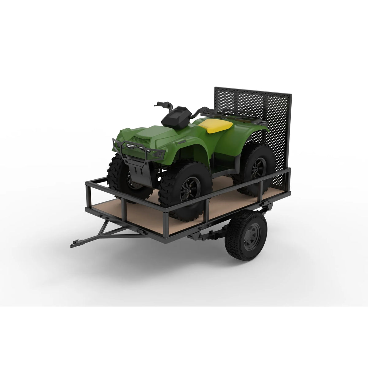 Pillowle 5x8 utility trailer with wood floor, Carry-On model 5X8GW2K, showing metal frame and wooden bed in outdoor setting.