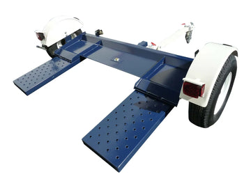 Heavy-duty Pillowle Tow Max 4,900 lb capacity vehicle tow dolly with rubber tires and sturdy metal frame, designed for car towing.