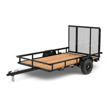 Pillowle 5x8 utility trailer with wood floor and black metal frame, designed for carrying cargo and outdoor hauling.