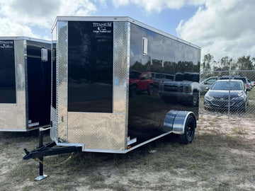 Black Titanium Cargo 6x12 single axle enclosed trailer by Pillowle, showing the sleek exterior and sturdy construction.