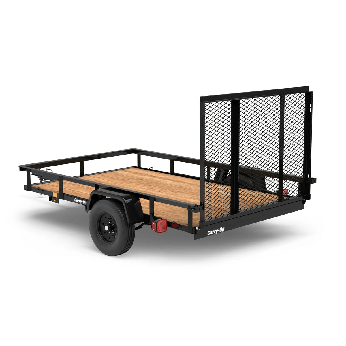 Pillowle Carry-On 5x8 utility trailer with wood floor, compact black metal frame and sturdy construction for light hauling.