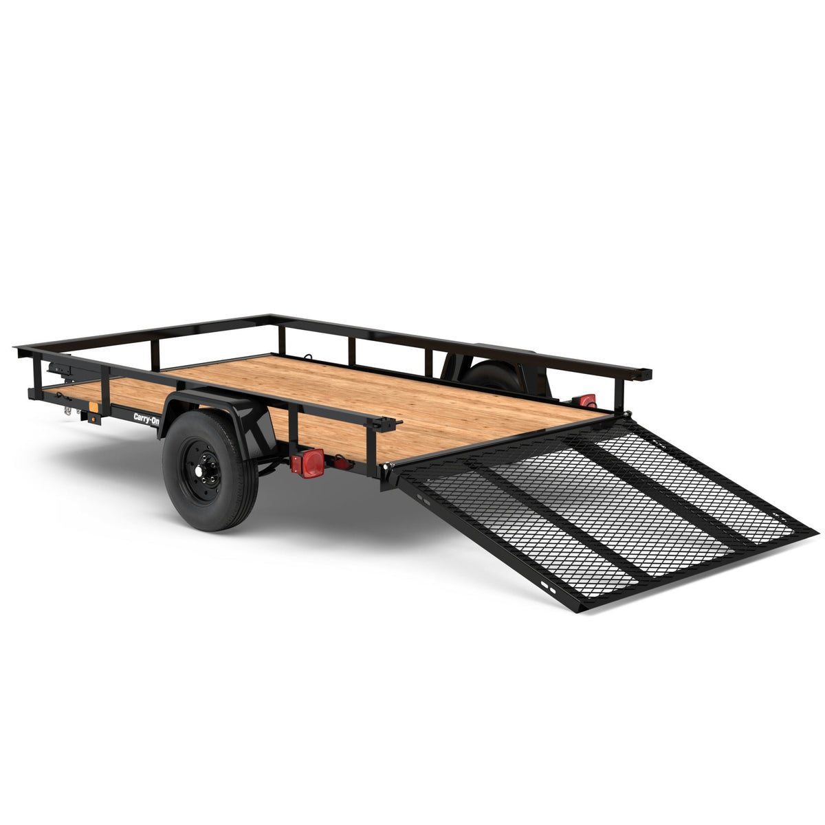 Pillowle 5x8 utility trailer with wood floor, carry-on size, black metal frame, and side rails for versatile transport.